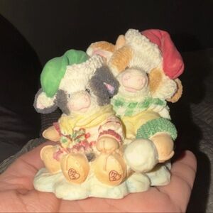 Enesco 1994 Cow Figurine with Red and Green Hats